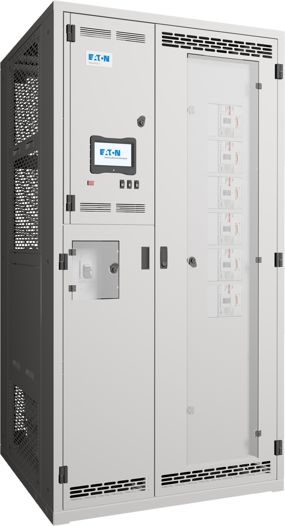 Data center power distribution cabinet with a touchscreen panel and six circuit breakers behind a clear door