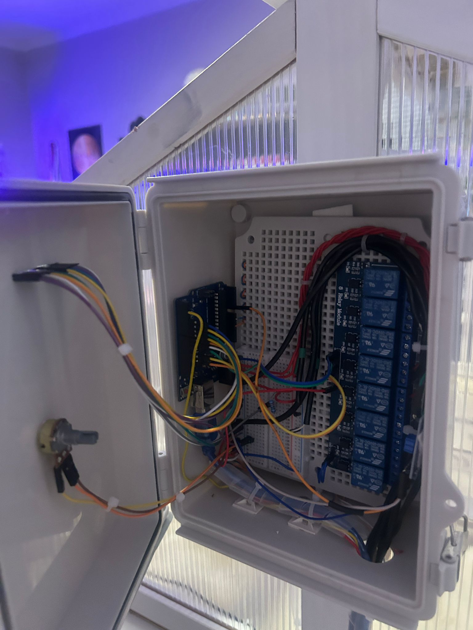 Greenhouse control box with a microcontroller, an eight-channel relay module and wiring